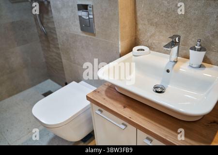 Un bagno elegante con lavandino bianco e WC, completato da arredi moderni e design elegante. ideale per ambienti domestici moderni. Foto Stock