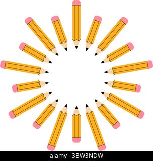 Illustrazione simmetrica con più matite gialle disposte in un motivo circolare Illustrazione Vettoriale