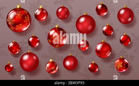 Set di ornamenti natalizi lucidi e opachi di colore rosso, lisci e decorati con motivi intricati. Le palle hanno ombre morbide e vengono nuovamente impostate Illustrazione Vettoriale
