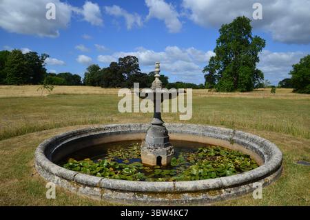 Fontana in pietra in disuso in un prato a Hatchlands Park, Surrey, Inghilterra, Regno Unito. Scena estiva, 8 luglio 2025. Foto Stock