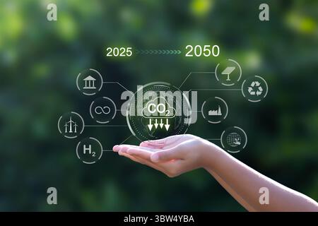Il concetto di riduzione delle emissioni di CO2 per l'ambiente e lo sviluppo sostenibile Foto Stock