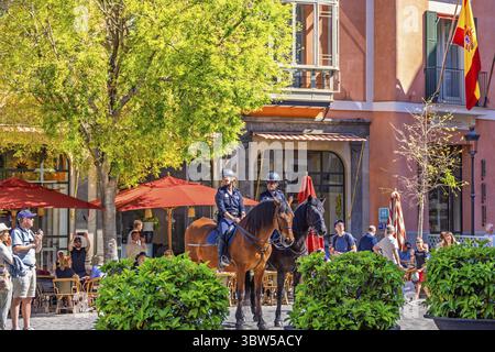 Agenti di polizia a cavallo seduti su una piazza della città con ristoranti e persone nella città vecchia, Palma di Maiorca, Maiorca, Spagna Foto Stock