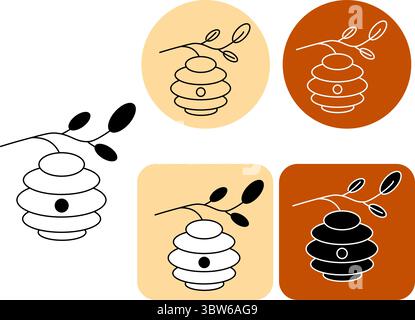 appendere gli alveari sul logotipo di albero dei rami. Illustrazione della linea grafica vettoriale. adatto per temi naturalistici, etichette di miele o elementi grafici ecologici Illustrazione Vettoriale