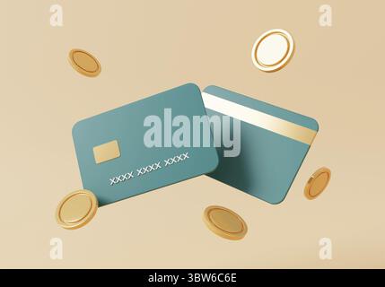 Carta di credito con levitazione monete d'oro su sfondo arancione. Concetto di business ed economia. Rendering dell'illustrazione 3D. Foto Stock