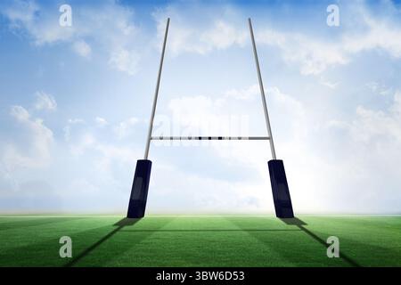 L'illustrazione dal design piatto mostra i pali di porta da rugby in piedi su un campo di erba sotto il cielo blu nuvoloso Foto Stock