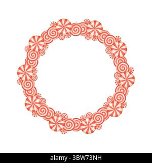 Corona di Natale circolare fatta di caramelle alla menta piperita e a righe. Ideale per composizioni stagionali, imballaggi o biglietti d'auguri. Illustrazione Vettoriale