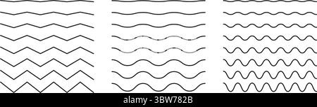 Linee ondulate e curve. Bordi ondulati semplici, set di linee orizzontali trasversali. Acqua, fiume, lago, mare, simbolo dell'oceano. Sinusoidale, fluido, aria, vento Illustrazione Vettoriale