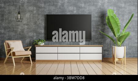 TV sopra armadio in legno in moderna stanza vuota con sedia piante tappeto e lampada sul pavimento in legno. Architettura e concetto di interni. 3D ren. Illustrazione Foto Stock