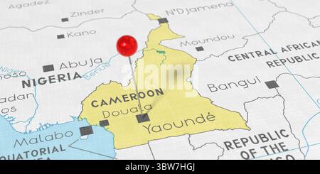 Camerun, Yaounde - spingi il pin sulla mappa politica - illustrazione 3D. Foto Stock