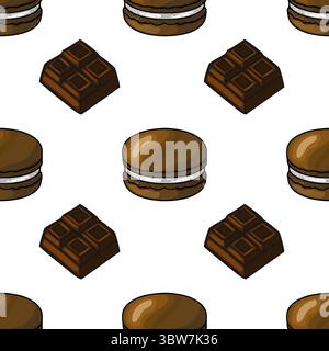 Motivo vettoriale senza cuciture con macaron al cioccolato disegnati a mano e barrette di cioccolato, che creano un design delizioso e visivamente accattivante, perfetto per va Illustrazione Vettoriale