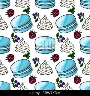 Motivo vettoriale senza cuciture di deliziosi macaron azzurri, panna montata, lamponi e mirtilli, per creare un design dolce e affascinante per Illustrazione Vettoriale