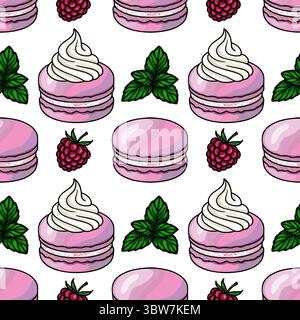 Macaron rosa con panna montata, lamponi e foglie di menta senza cuciture, per creare un delizioso dessert dolce. Illustrazione Vettoriale