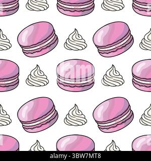 Motivo vettoriale senza cuciture di macaron rosa e panna montata, un'illustrazione deliziosa perfetta per il branding di prodotti da forno o per i design a tema dolce. Illustrazione Vettoriale