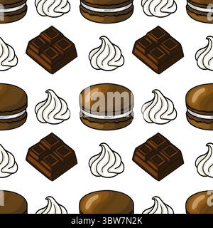Motivo vettoriale senza cuciture di deliziosi macaron al cioccolato, cremosi vortici e barrette di cioccolato, per creare un dessert dolce e allettante. Illustrazione Vettoriale
