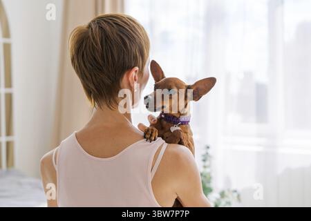 La donna abbraccia un carino cane che giace tra le braccia a casa. Primo piano. Fiducia Foto Stock