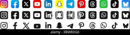 Set vettoriale di icone dei logo dei social media 2025. Instagram, Facebook, Bluesky, X, LinkedIn, YouTube, Snapchat, thread, Pinterest, WhatsApp, telegramma, TikTok Illustrazione Vettoriale