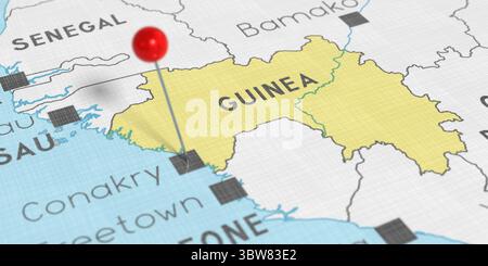 Guinea, Conakry - premere il pin sulla mappa politica - illustrazione 3D. Foto Stock