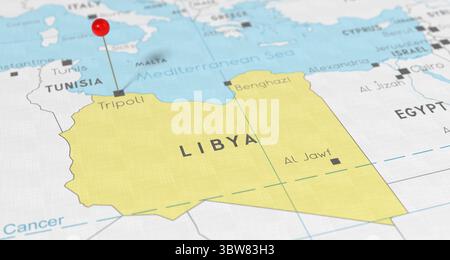 Libia, Tripoli - spingere pin sulla mappa politica - illustrazione 3D. Foto Stock