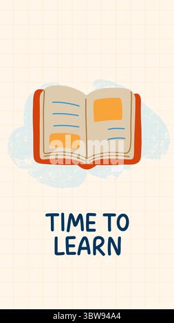 Illustrazione vettoriale con libro aperto e lettere a mano per imparare. Ideale per materiali didattici, promozioni scolastiche, poster, temi di lettura Illustrazione Vettoriale