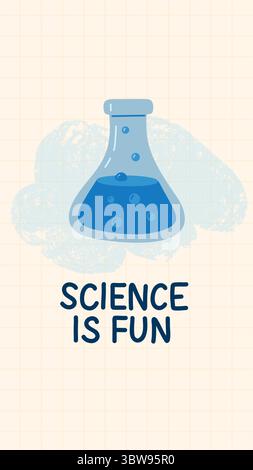 Illustrazione vettoriale della fiasca scientifica con scritta a mano Science is Fun. Perfetto per materiali scolastici, poster STEM, contenuti didattici, chimica Illustrazione Vettoriale