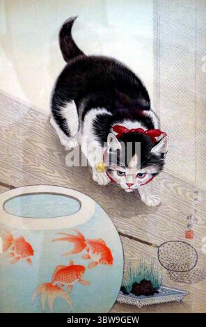 Ohara Koson. Stampa su legno intitolata "Cat and Goldfish Bowl" dell'incisore giapponese, Ohara Koson (anche Ohara Hōson, Ohara Shōson: 1877-1945), 1933 Foto Stock