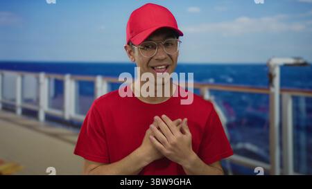 L'uomo con il berretto rosso e la camicia guarda verso l'alto e tiene la mano al petto con un gesto della pochette che indica un attacco di cuore su una strada accanto alle ringhiere; dolore. Foto Stock