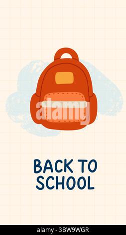 Illustrazione vettoriale piatta con zaino scolastico e testo Back to School. Ideale per poster didattici, promozioni stagionali, prodotti per bambini, scuola Illustrazione Vettoriale