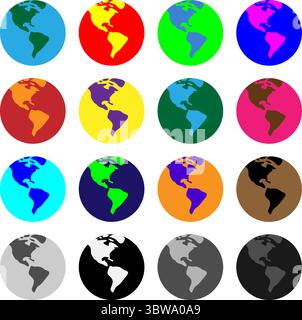 Set icone a forma di globo colorato - confezione Variety di simboli della mappa del mondo Illustrazione Vettoriale