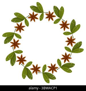 Telaio rotondo vettoriale di ciambelle alla cannella, tazze con bevanda calda, cannella, corona. Illustrazione isolata su sfondo bianco. Illustrazione Vettoriale