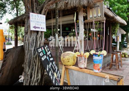 Bar tropicale all'aperto con insegna del bagno gratuita, ananas e cocktail a Tulum, Messico Foto Stock