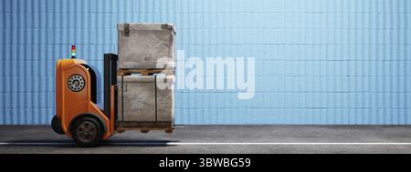 Carrello elevatore a forche senza conducente per sollevamento e spostamento di pallet scatola di cartone in magazzino. Concetto aziendale industriale e produttivo. Illustrazione 3D re Foto Stock