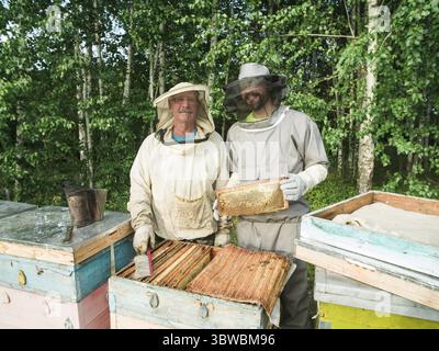 Ritratto di due apicoltori maschi che lavorano in un apiario vicino agli alveari con api. Raccogliete il miele. Apicoltore sull'apiario. Concetto di apicoltura Foto Stock