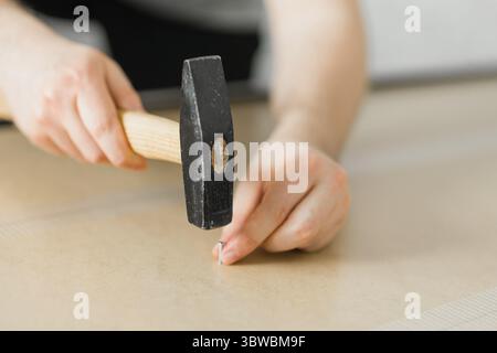 Primo piano di martellare un chiodo su una tavola di legno Foto Stock