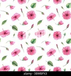 Fiori di rosa cinese rosa acquerello motivo senza cuciture isolato su sfondo bianco. Illustrazione in ibisco tropicale dipinta a mano per il regalo di compleanno Foto Stock