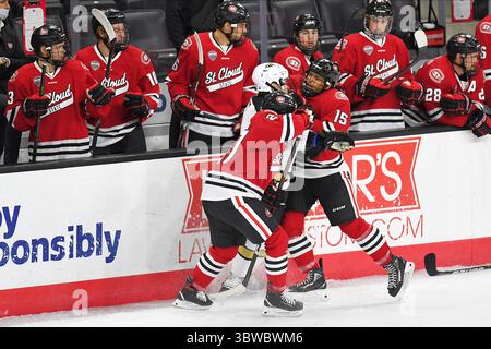 1° dicembre 2020 l'attaccante dei St. Cloud State Huskies Micah Miller (15) e il difensore dei St. Cloud State Huskies Brady Ziemer (2) panino un giocatore del Western Michigan davanti alla propria panchina per una partita di hockey maschile NCAA D1 tra i St. Cloud State University Huskies e i Western Michigan Broncos presso la Baxter Arena di Omaha ne, sede dell'NCHC ''Hub' dove vengono giocate le prime 38 partite NCHC in condizioni di protezione da Covid-19. St. Cloud State ha vinto 4-3. Foto di Russell Hons/CSM(immagine di credito: &Copy; Russell Hons/CSM via ZUMA Wire) Foto Stock