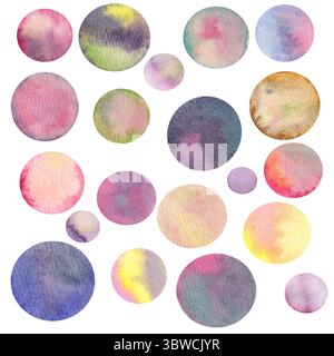 una serie di macchie ad acquerello rotonde con bordi lisci di diverse dimensioni e colori. disegnato a mano su sfondo bianco. grana della carta acquerello. per le icone Foto Stock