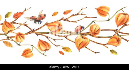 Illustrazione ad acquerello disegnata a mano di un bordo autunnale senza cuciture con fisti arancioni, foglie e rami secchi. Elegante design stagionale per il confezionamento Foto Stock