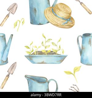 Le lattine da innaffiare blu, il cappello di paglia, la cazzuola da giardino e le piantine germinanti creano una clipart di acquerello. Motivo senza cuciture per giardinaggio perfetto per copertine di diari ecologiche, carte stampabili o carta artigianale Foto Stock
