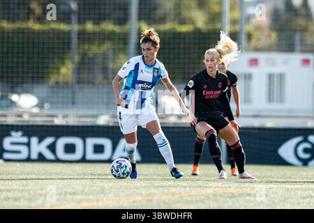 13 dicembre 2020, Barcellona, BARCELLONA, SPAGNA: 04 Soldevilla del RCD Espanyol de Barcelona e 10 Jakobsson del Real Madrid durante la Primera Iberdrola, RCD Espanyol de Barcelona vs Real Madrid al Ciudad Deportiva Dani Jarque il 13 dicembre 2020 a Barcellona, Spagna. (Immagine di credito: © Xavier Bonilla/AFP7 tramite filo ZUMA) Foto Stock