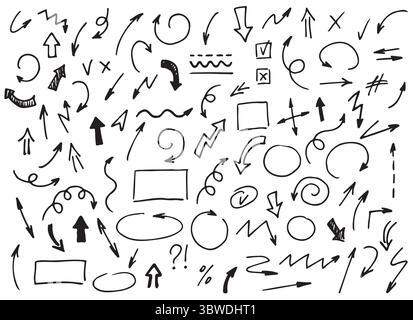 Set di frecce, cornici e simboli. Disegnato a mano libera per disegnare linee curve, vortici, croci, cerchi e segni di spunta diverse. Illustrazione Vettoriale