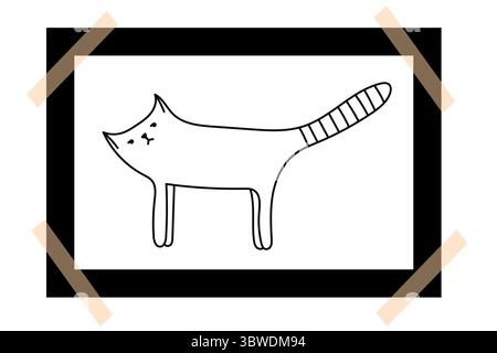 Graziosa cornice fotografica per gatti con nastro adesivo. Illustrazione del gatto di doodle sul telaio polaroide. Illustrazione Vettoriale