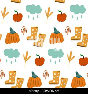 Motivo piovoso senza cuciture con elementi autunnali. Carino schema autunnale. Illustrazione Vettoriale