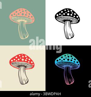 Icona del fungo agarico Vector flat fly amanita. Impostare la collezione di colori diversi Illustrazione Vettoriale