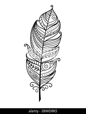 Contorno decorativo in piuma di doodle disegnato a mano in nero su sfondo bianco Illustrazione Vettoriale