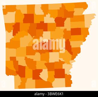 Mappa dell'Arkansas con le contee. Solo una semplice mappa del confine di stato con la divisione della contea. Tavolozza dei colori arancione. Illustrazione Vettoriale