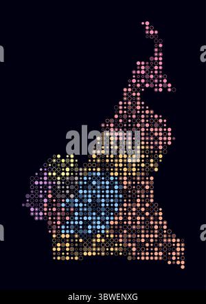 Camerun, forma del paese costruzione di cellule colorate. Mappa digitale del Camerun su sfondo scuro. Blocchi circolari di piccole dimensioni. Illustrazione Vettoriale