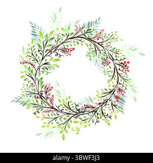 Cornice floreale alle erbe disegnata a mano. Cornice rotonda con ramoscelli e frutti di bosco. Non ai, illustrazione vettoriale Illustrazione Vettoriale