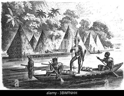 Palafitte e un gruppo di persone locali su una barca tradizionale, iPapua nuova Guinea, Oceania, Melanesia, Oceano Pacifico, illustrazione storica 1896 Foto Stock