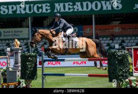 Calgary, Alberta, Canada, 29 giugno 2025. Sameh El Dahan (GBR) in sella alla WKD Aimez Moi - The Pan American, Spruce Meadows Masters, - AON Grand Prix Foto Stock