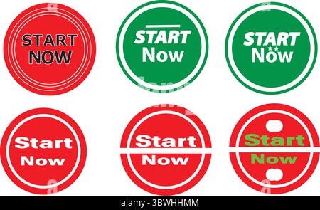 Pulsanti rotondi di colore rosso e verde Start Now e set di badge di invito all'azione per l'interfaccia utente digitale Illustrazione Vettoriale